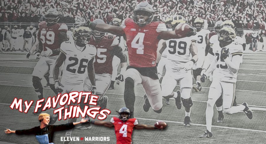 Ohio State Curtis Samuel leaps into the end zone during the second overtime of Ohio State's 30-27 win over Michigan at Ohio Stadium in Columbus, Ohio on Saturday, November 26, 2016