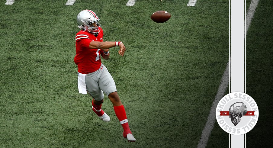 Justin Fields throws the ball in today's skull session.