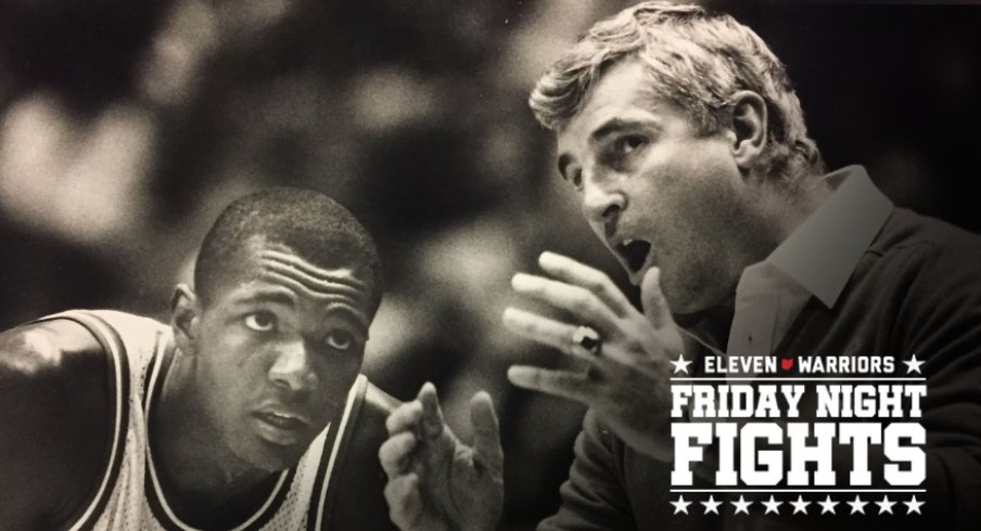 Rick Calloway gets a lecture from Bob Knight during the Hoosiers' exhibition game of the Soviet Union national team.