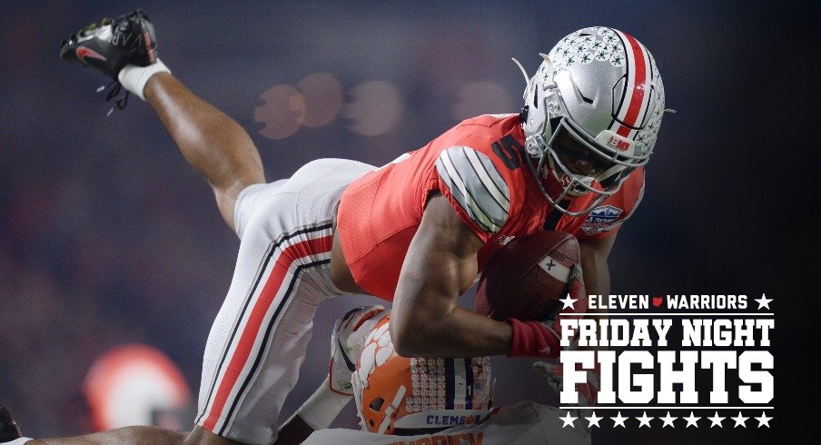 Dec 28, 2019; Glendale, AZ, USA; Ohio State Buckeyes wide receiver Garrett Wilson (5) is tackled by Clemson Tigers cornerback Derion Kendrick (1) during the first quarter in the 2019 Fiesta Bowl college football playoff semifinal game at State Farm Stadium. Mandatory Credit: Joe Camporeale-USA TODAY Sports