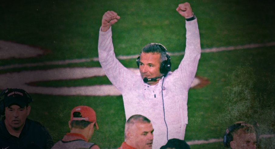 Jan 1, 2019; Pasadena, CA, USA; Ohio State Buckeyes head coach Urban Meyer celebrates as the Ohio State Buckeyes defeat the Washington Huskies in the 2019 Rose Bowl at Rose Bowl Stadium. Mandatory Credit: Robert Hanashiro-USA TODAY Sports