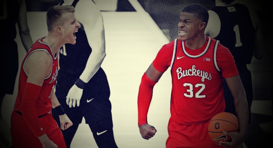 Jan 27, 2021; Columbus, Ohio, USA; Ohio State Buckeyes forward E.J. Liddell (32) and Ohio State Buckeyes forward Justin Ahrens (10) celebrate as time expires during the second half against the Penn State Nittany Lions at Value City Arena. Mandatory Credit: Joseph Maiorana-USA TODAY Sports