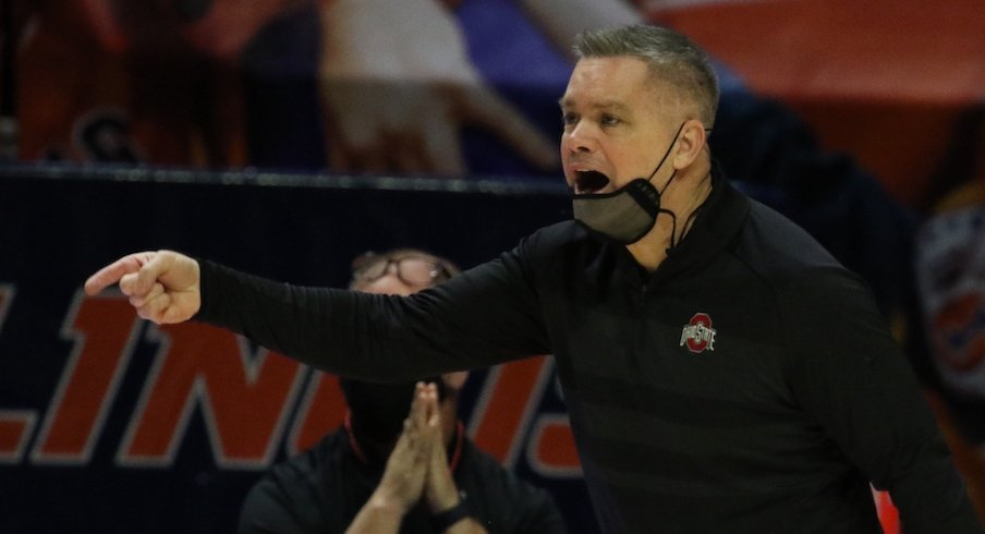 Chris Holtmann offers comments on refereeing, visibly frustrated during the post-game press conference