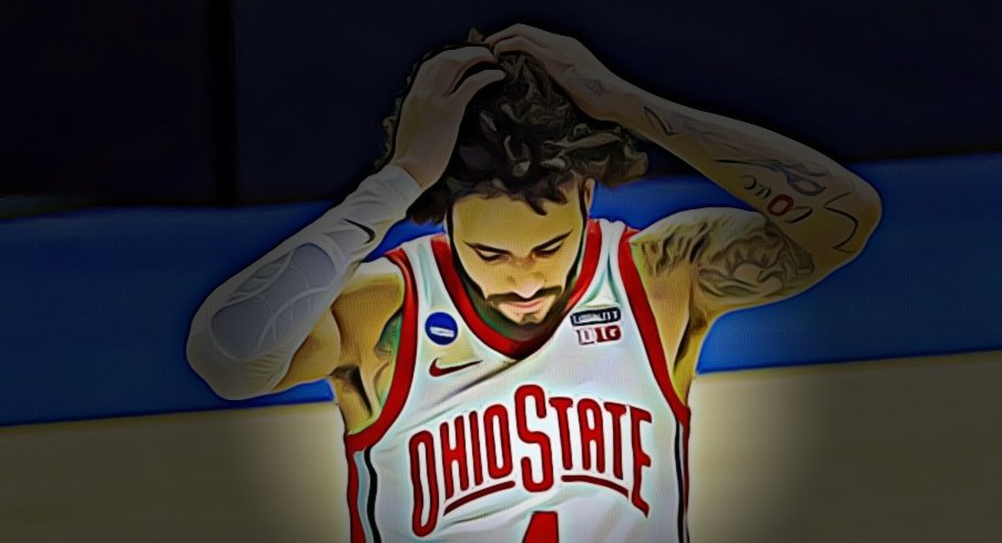 Ohio State Buckeyes guard Duane Washington Jr. (4) reacts to their loss to Oral Roberts Golden Eagles in overtime during the first round of the 2021 NCAA Tournament on Friday, March 19, 2021, at Mackey Arena in West Lafayette, Ind. Mandatory Credit: Robert Scheer/IndyStar via USA TODAY Sports