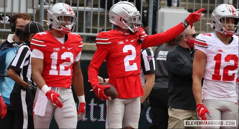 Chris Olave after his touchdown in the spring game