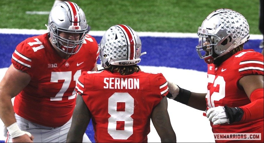 Josh Myers, Trey Sermon and Wyatt Davis