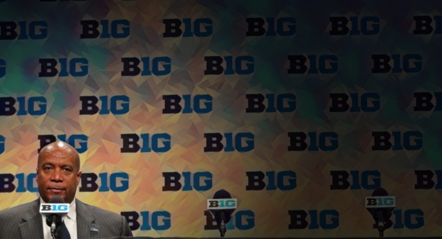 Commissioner Kevin Warren takes questions after canceling the Michigan Wolverines and Rutgers Scarlet Knights first round Big Ten tournament game at Bankers Life Fieldhouse in Indianapolis, Indiana due to the Coronavirus Pandemic Thursday, March 12, 2020. Michigan