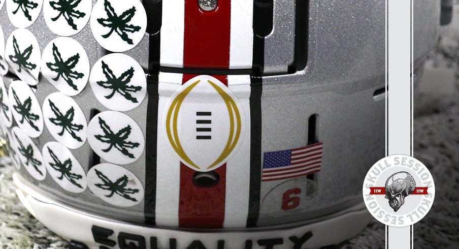 The Buckeyes have a sticker on their helmet in today's skull session.