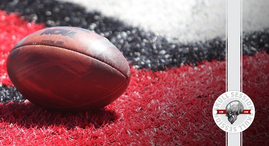 A football lies in the end zone of Ohio Stadium