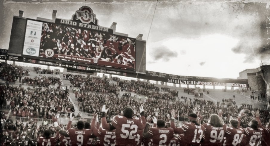 The Ohio State Buckeyes sing "Carmen Ohio" following a 48-3 win over the Michigan State Spartans during Saturday's NCAA Division I football game at Ohio Stadium in Columbus on November 11, 2017. [Barbara J. Perenic/Dispatch]