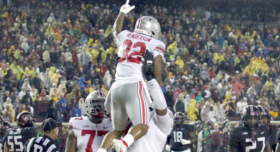 Ohio State running back TreVeyon Henderson celebrates after scoring a touchdown