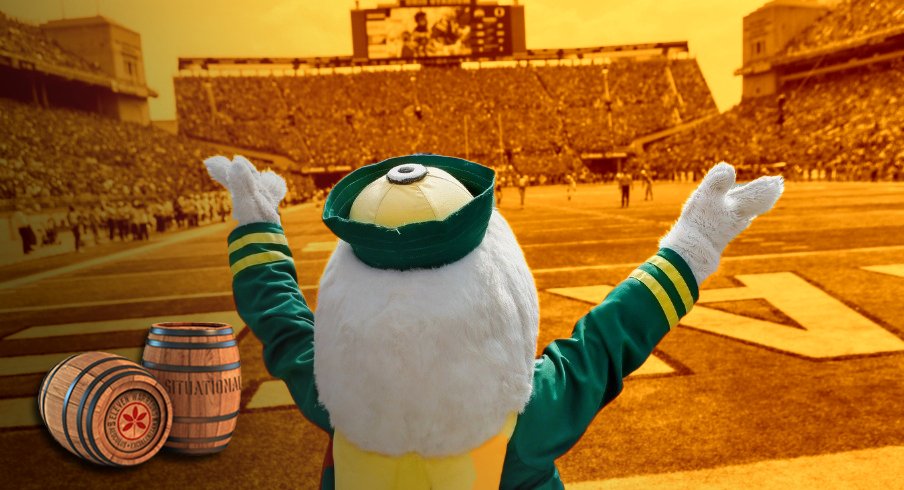 The Oregon Ducks mascot stand behind the endzone during the fourth quarter of the NCAA football game against the Ohio State Buckeyes at Ohio Stadium in Columbus on Saturday, Sept. 11, 2021. The Ducks won 35-28.