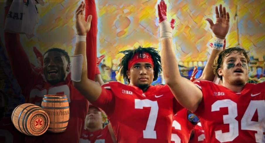 Ohio State Buckeyes defensive back Cameron Kittle (38), Ohio State Buckeyes quarterback C.J. Stroud (7) and Ohio State Buckeyes tight end Mitch Rossi (34) sing \"Carmen Ohio\" following Saturday's NCAA Division I football game against the Tulsa Golden Hurricanes at Ohio Stadium in Columbus on September 18, 2021. Ohio State won the game 41-20.