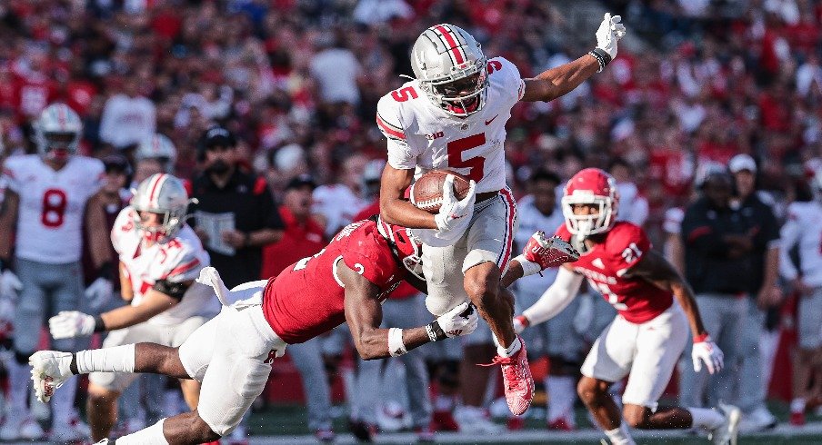 Garrett Wilson leads Ohio State in receptions and receiving yards through five games. 