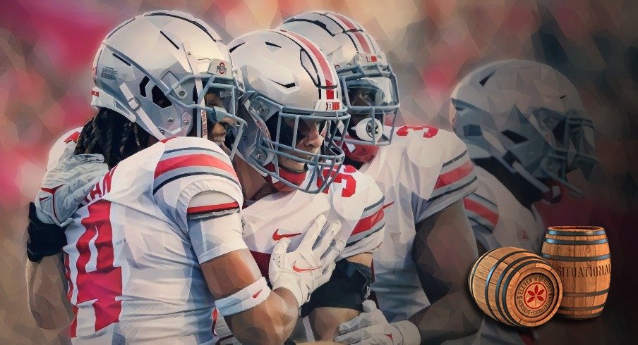 Ohio State Buckeyes linebacker Tommy Eichenberg (35) celebrates with teammates after an interception during the third quarter of a NCAA Division I football game between the Rutgers Scarlet Knights and the Ohio State Buckeyes on Saturday, Oct. 2, 2021 at SHI Stadium in Piscataway, New Jersey.