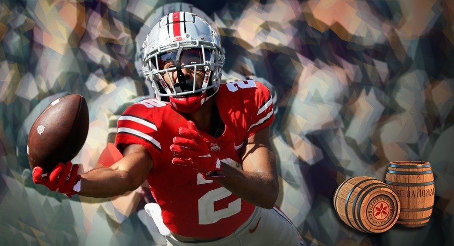 hio State Buckeyes wide receiver Chris Olave (2) can't come up with the catch against Maryland Terrapins during the third quarter of their NCAA college football game at Ohio Stadium in Columbus, Ohio on October 9, 2021.