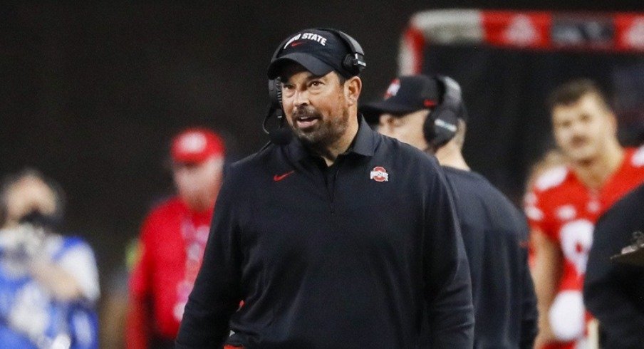 Ohio State Buckeyes head coach Ryan Day walks along the sideline during the second quarter of a NCAA Division I football game between the Ohio State Buckeyes and the Akron Zips on Saturday, Sept. 25, 2021 at Ohio Stadium in Columbus, Ohio. Cfb Akron Zips At Ohio State Buckeyes