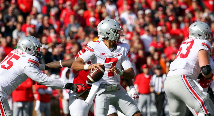 C.J. Stroud drops back to pass against Nebraska