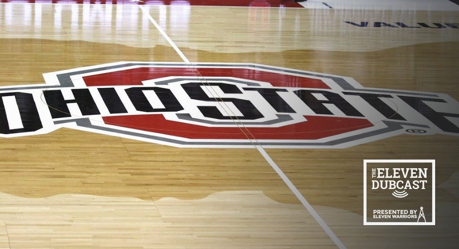 Ohio State logo at mid-court in The Schott