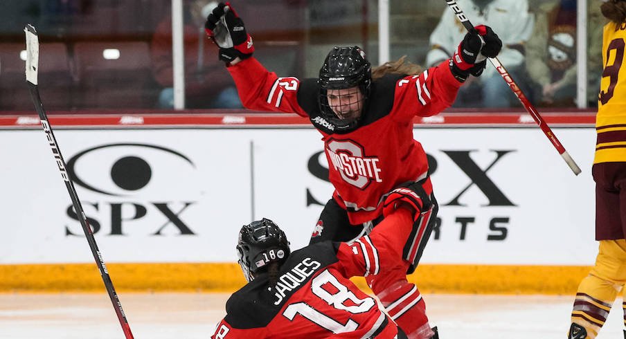 Ohio State women’s hockey celebrates its WCHA Final Faceoff win over Minnesota.