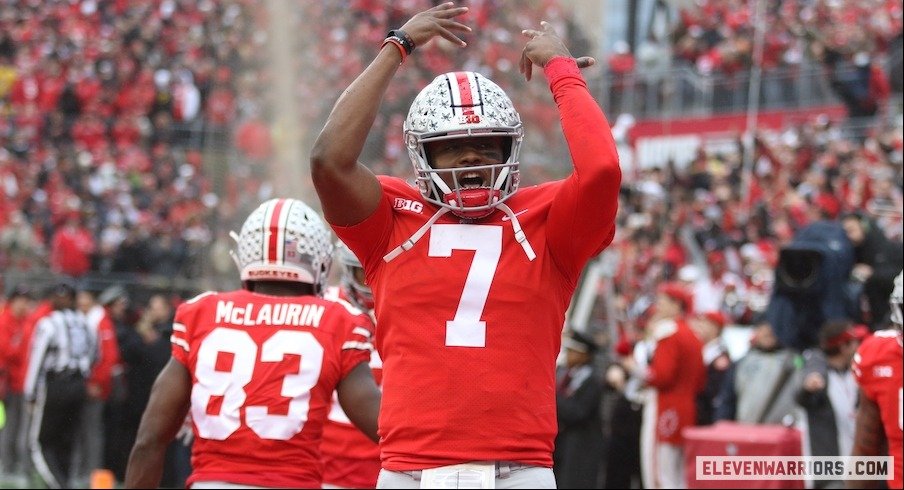 Dwayne Haskins celebrates a touchdown against Michigan