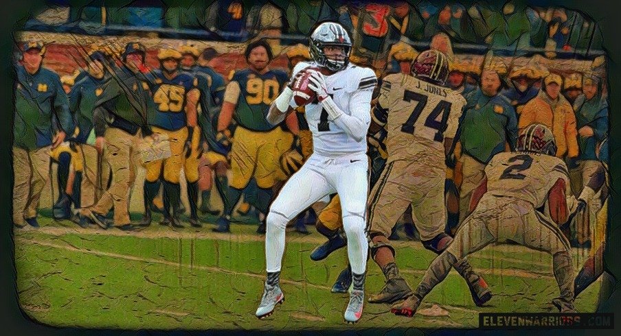Dwayne Haskins winds up to hit Austin Mack on a 3rd down conversion for the ages in Ann Arbor, 2017