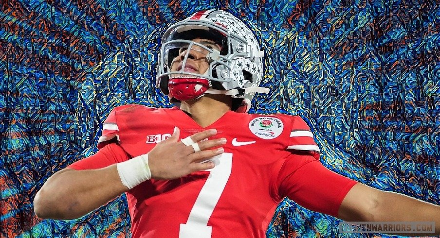 Ohio State Buckeyes quarterback C.J. Stroud celebrates after a touchdown pass during the fourth quarter vs. the Utah Utes at the Rose Bowl in Pasadena, Calif. on Jan. 1, 2022. Syndication The Columbus Dispatch