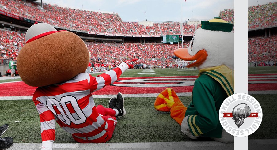 Brutus and the duck are friends in today's skull session.