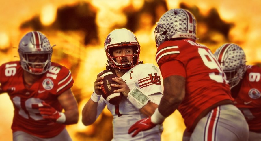 Jan 1, 2022; Pasadena, California, USA; Utah Utes quarterback Cameron Rising (7) looks to pass while pressured by Ohio State Buckeyes defensive end Zach Harrison (9) and defensive tackle Tyleik Williams (91) in the first half during the 2022 Rose Bowl game at the Rose Bowl. Mandatory Credit: Orlando Ramirez-USA TODAY Sports