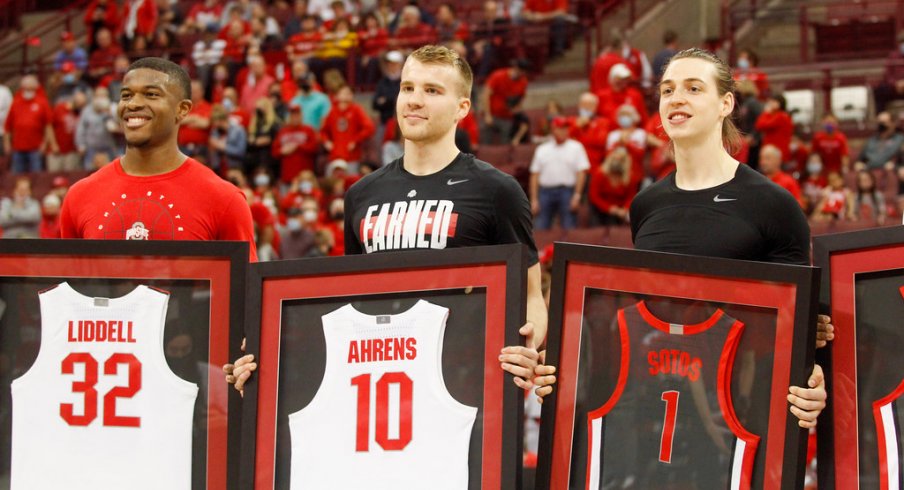 Justin Ahrens, Jimmy Sotos, and E.J. Liddell of Ohio State Basketball