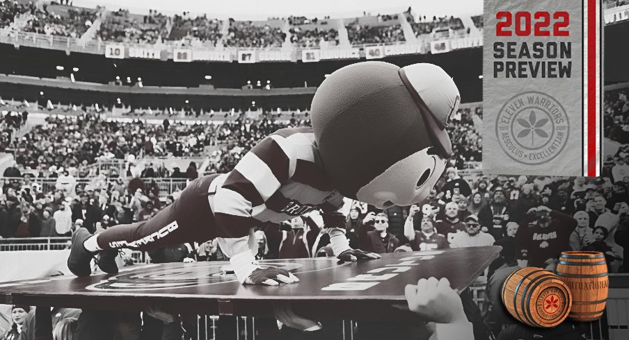 Brutus Buckeye does pushups during the fourth quarter of the NCAA football game between the Ohio State Buckeyes and the Michigan State Spartans at Ohio Stadium in Columbus on Saturday, Nov. 20, 2021. Ohio State won 56-7. 