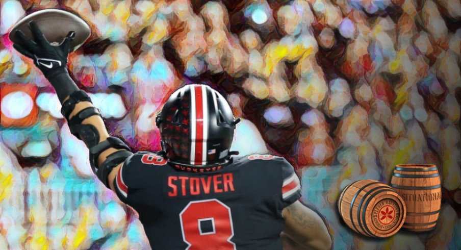 Sep 24, 2022; Columbus, Ohio, USA; Ohio State Buckeyes tight end Cade Stover (8) reaches out for the ball during the second quarter against the Wisconsin Badgers at Ohio Stadium. Mandatory Credit: Joseph Maiorana-USA TODAY Sports