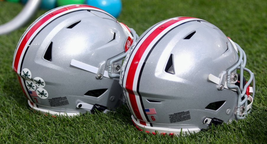 Helmets belonging to the Ohio State Buckeyes football team