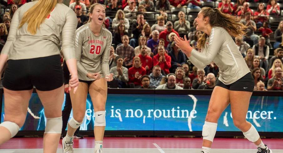 Ohio State women’s volleyball celebrates a win