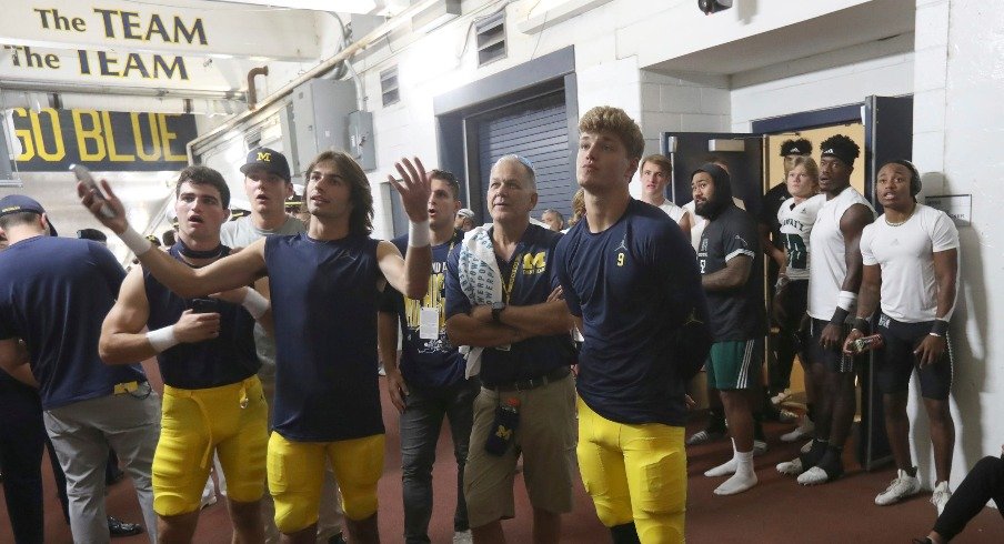 Quarterback J.J. McCarthy and other members of the Michigan Wolverines football team.