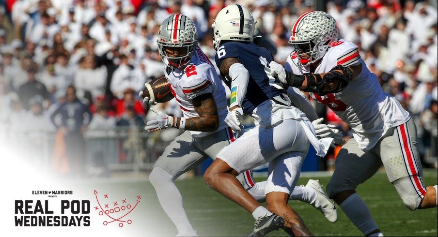 Emeka Egbuka getting tackled on a bubble screen