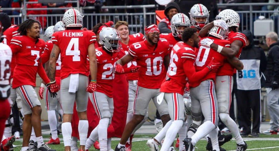 Ohio State's Kamryn Babb celebrates with his team.