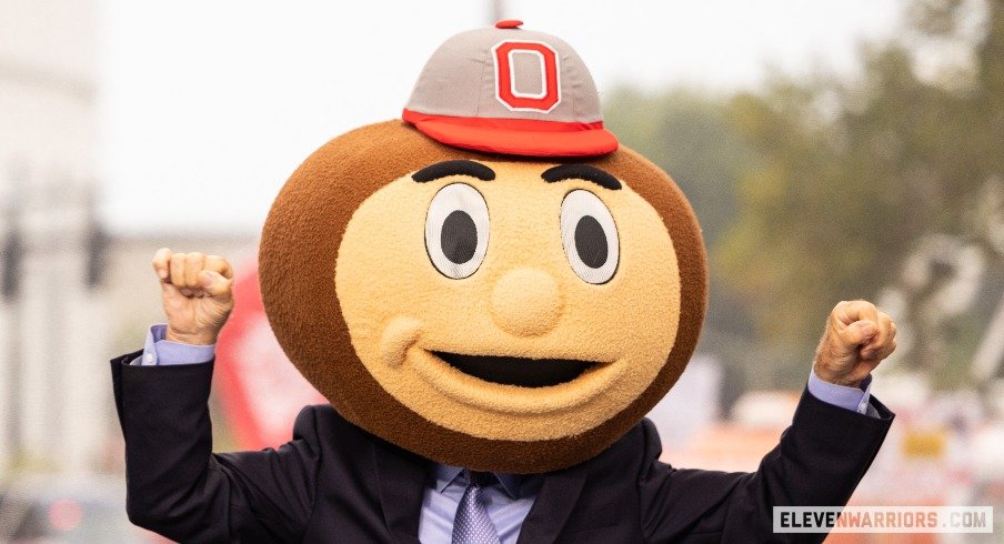 Lee Corso wearing the Brutus head on College GameDay.