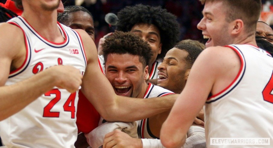 Tanner Holden celebrates his buzzer-beater three-pointer to beat Rutgers.
