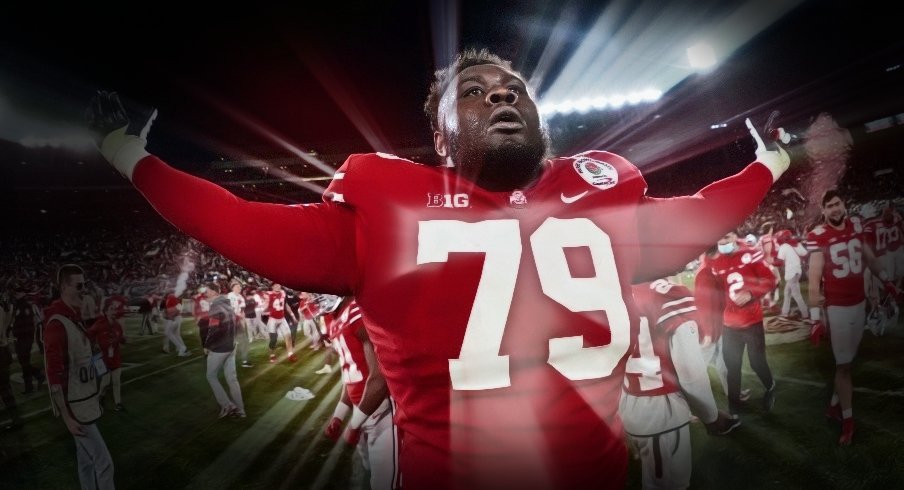 Jan 1, 2022; Pasadena, California, USA; Ohio State Buckeyes offensive lineman Dawand Jones (79) celebrates after the 2022 Rose Bowl against the Utah Utes at Rose Bowl. Ohio State defeated Utah 48-45. Mandatory Credit: Kirby Lee-USA TODAY Sports