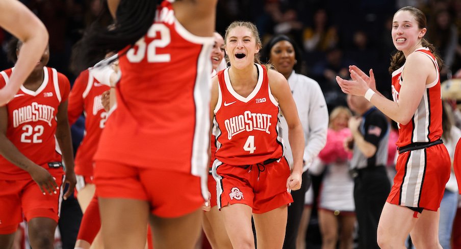 Ohio State women’s basketball celebrates its Big Ten Tournament win over Indiana