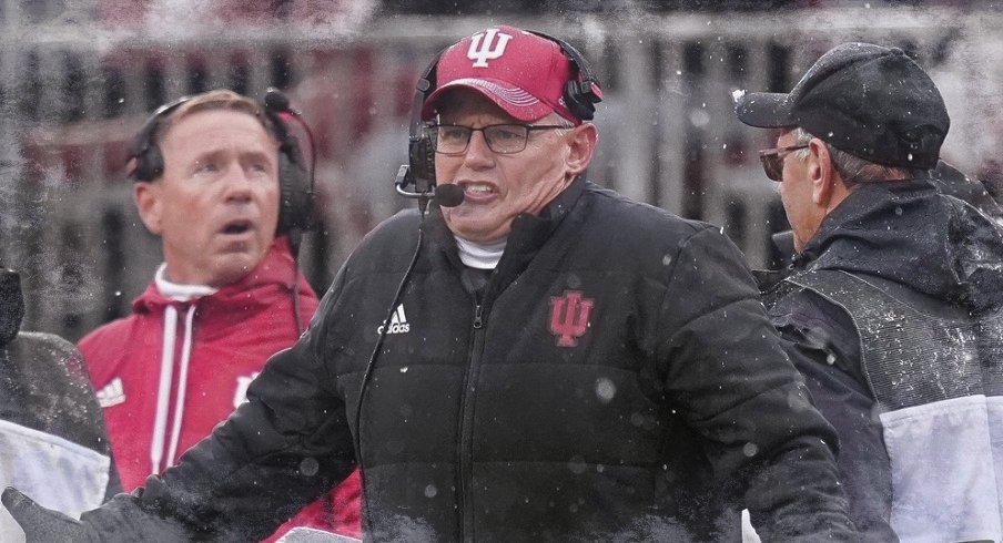 Nov 12, 2022; Columbus, Ohio, USA; Indiana Hoosiers head coach Tom Allen gestures from the sideline during the first half of the NCAA football game against the Indiana Hoosiers at Ohio Stadium. Mandatory Credit: Adam Cairns-The Columbus Dispatch Ncaa Football Indiana Hoosiers At Ohio State Buckeyes
