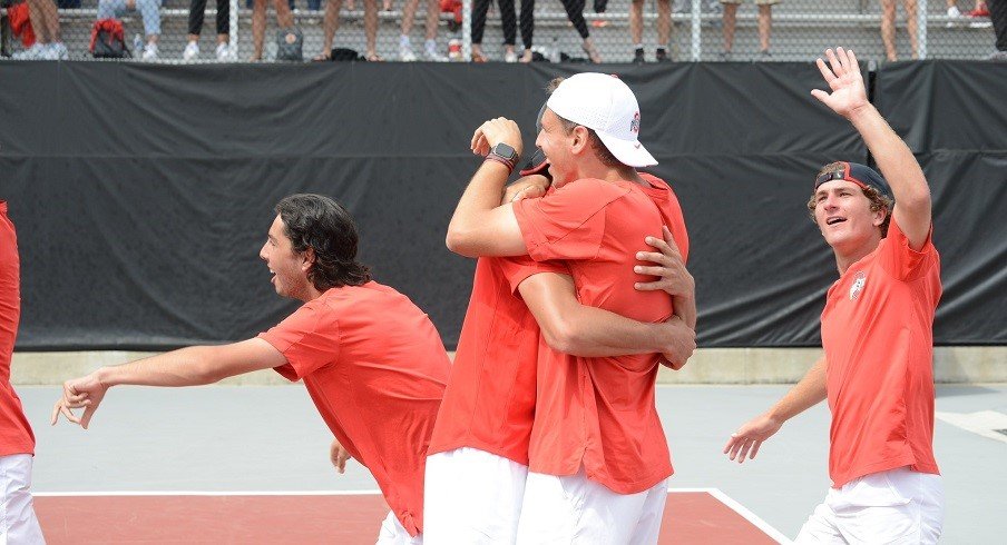 Ohio State men's tennis team celebrating its win in the NCAA Super Regional