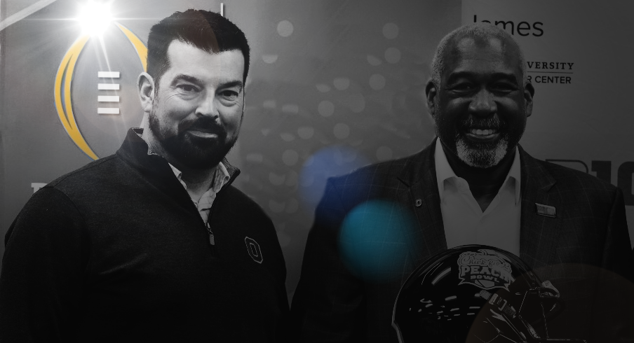 For Love of NothingDec 13, 2022; Columbus, Ohio, United States; (from left) Ohio State football coach Ryan Day, Athletic Director Gene Smith and Gary Stokan, Chick-fil-A Peach Bowl CEO & President, smile as Stokan extends the invitation to Ohio State to play in the 2023 Peach Bowl during a news conference at the Woody Hayes Athletic Center. Mandatory Credit: Doral Chenoweth/The Columbus Dispatch Sports News Conference