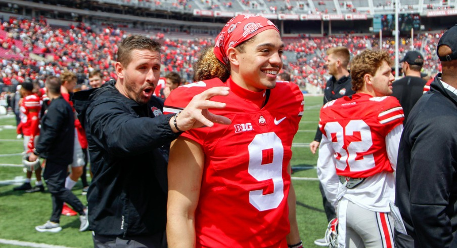 Ohio State coach Brian Hartline and wideout Jayden Ballard