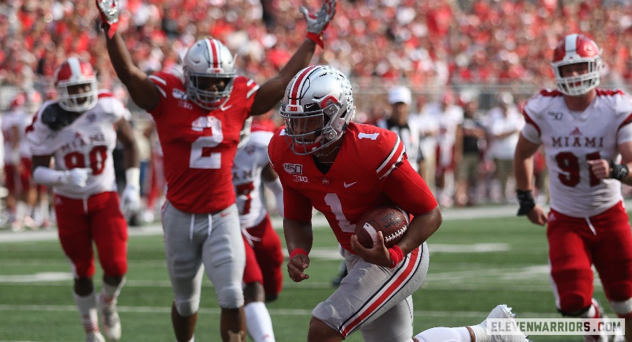 Former Ohio State Buckeye football players Justin Fields and J.K. Dobbins