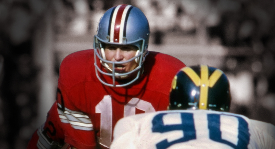 Nov 23, 1968, Columbus, OH, USA; FILE PHOTO; Ohio State Buckeyes quarterback Rex Kern (10) under center against the Michigan Wolverines during the 1968 season at Ohio Stadium. Mandatory Credit: Malcolm Emmons-USA TODAY Sports