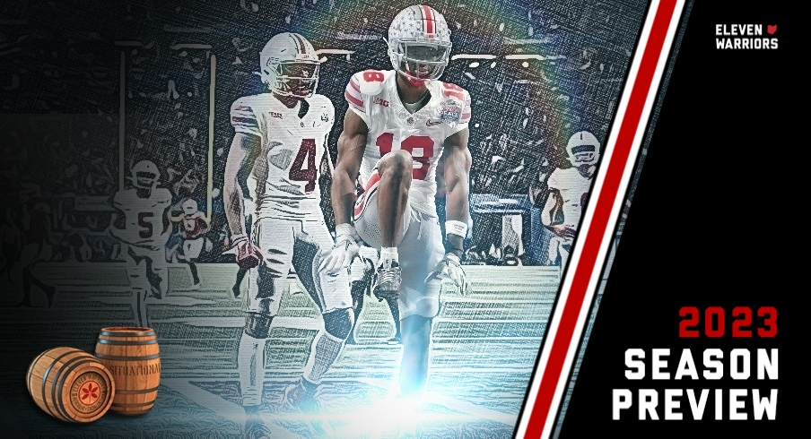 Dec 31, 2022; Atlanta, Georgia, USA; Ohio State Buckeyes wide receiver Marvin Harrison Jr. (18) celebrates his touchdown catch against Georgia Bulldogs during the first quarter of the Peach Bowl in the College Football Playoff semifinal at Mercedes-Benz Stadium. 