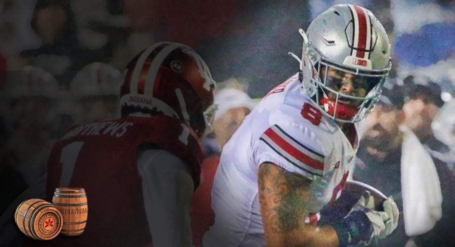 Ohio State Buckeyes tight end Cade Stover (8) runs the ball during the third quarter of a NCAA Division I football game between the Indiana Hoosiers and the Ohio State Buckeyes on Saturday, Oct. 23, 2021 at Memorial Stadium in Bloomington, Ind. Cfb Ohio State Buckeyes At Indiana Hoosiers