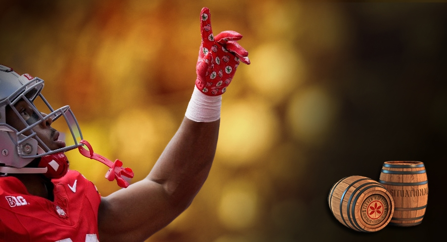 Sept. 9, 2023; Columbus, Oh., USA; Ohio State Buckeyes running back TreVeyon Henderson (32) celebrates a touchdown during the second half of Saturday's NCAA Division I football game agaisnt the Youngstown State Penguins at Ohio Stadium.